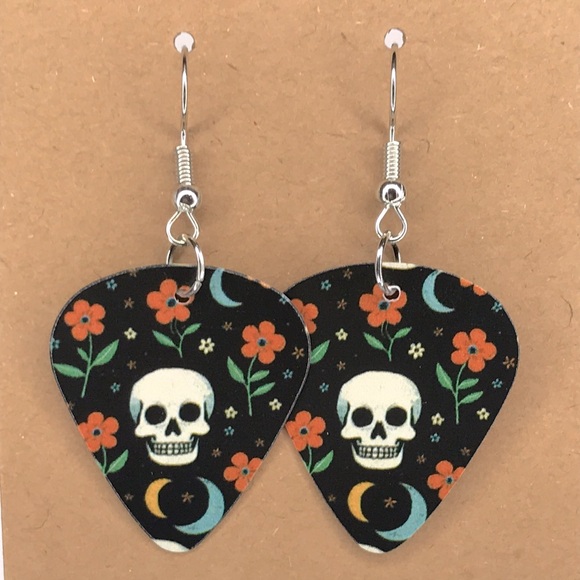 Fashion Jewelry Jewelry - Skull and Floral Guitar Pick Earrings Fashion Jewelry